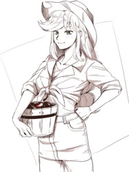 Size: 480x640 | Tagged: safe, artist:yakieringi014, applejack, human, abstract background, apple, bucket, cowboy hat, cute, female, food, front knot midriff, hand on hip, hat, humanized, jackabetes, midriff, monochrome, partial color, solo