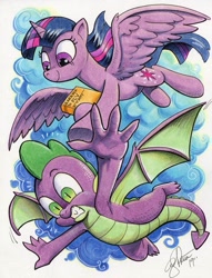 Size: 781x1024 | Tagged: safe, artist:andypriceart, idw, spike, twilight sparkle, twilight sparkle (alicorn), alicorn, dragon, pony, spoiler:comic, armpits, book, duo, female, flying, learning to fly, male, mare, marker drawing, smiling, song reference, tom petty, tom petty & the heartbreakers, traditional art, winged spike