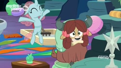 Size: 1920x1080 | Tagged: safe, screencap, ocellus, yona, changedling, changeling, yak, uprooted, bow, cloven hooves, female, hair bow, monkey swings, mouth hold, scroll