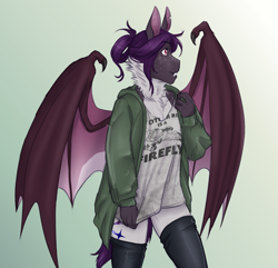 Size: 2639x2540 | Tagged: safe, artist:askbubblelee, oc, oc only, oc:midnight mural, anthro, bat pony, anthro oc, bat pony oc, chest fluff, clothes, cute, cute little fangs, digital art, fangs, female, freckles, jacket, mare, neck fluff, ocbetes, shoulder freckles, smiling, solo