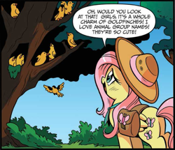 Size: 671x577 | Tagged: safe, artist:brendahickey, idw, fluttershy, bird, pegasus, pony, spoiler:comic, spoiler:comic24, animal, cropped, female, flock, flying, goldfinch, hat, mare, official comic, saddle bag, speech bubble, tree