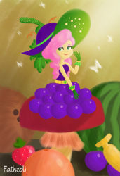 Size: 1763x2576 | Tagged: safe, artist:fathzoli, fluttershy, butterfly, equestria girls, equestria girls series, holidays unwrapped, spoiler:eqg series (season 2), amanita, banana, clothes, coconut, cornucopia costumes, cute, digital art, digital painting, dress, female, food, fruit, grapes, hat, lineless, looking at you, orange, shyabetes, sitting, solo, strawberry, watermelon
