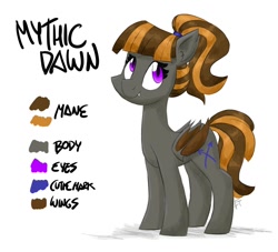 Size: 1200x1091 | Tagged: safe, artist:flutterthrash, oc, oc only, oc:mythic dawn, bat pony, bat pony oc, commission, cutie mark, fangs, hair tie, looking at you, ponytail, purple eyes, reference sheet, simple background, smiling, solo, standing, white background