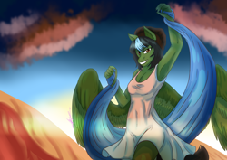 Size: 3508x2480 | Tagged: safe, artist:mantarwolf, oc, oc only, oc:indie cred, anthro, anthro oc, armpits, breasts, cleavage, clothes, commission, dress, female, mare, solo, ych result