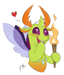 Size: 2249x2664 | Tagged: safe, artist:fakskis, thorax, changedling, changeling, 30 minute art challenge, behaving like a moth, blushing, bugs doing bug things, cute, excited, fire, happy, heart, high res, king thorax, signature, simple background, solo, this will end in pain, this will end in tears, thorabetes, torch, white background