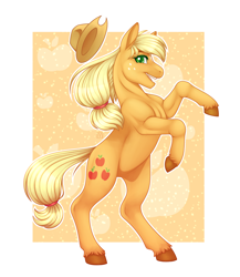 Size: 2600x3000 | Tagged: safe, artist:mittz-the-trash-lord, artist:theanthropony, applejack, earth pony, pony, abstract background, apple, colored pupils, cute, female, food, high res, jackabetes, looking at you, mare, open mouth, profile, rearing, redraw, solo, unshorn fetlocks