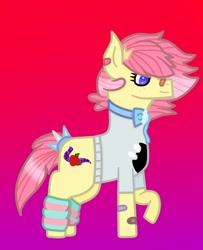 Size: 1000x1232 | Tagged: safe, artist:lightningbolt39, oc, oc only, oc:shiny apple (ice1517), earth pony, pony, bandaid, blouse, bowtie, clothes swap, female, freckles, gradient background, leg warmers, mare, raised hoof, solo, tail wrap