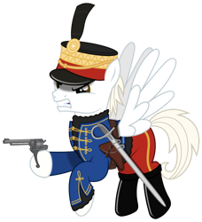 Size: 1024x1124 | Tagged: safe, artist:brony-works, artist:parclytaxel, oc, oc:mihály szekeres, pegasus, pony, austria-hungary, austro-hungarian, clothes, dexterous hooves, gun, handgun, hussar, male, revolver, saber, simple background, solo, stallion, transparent background, uniform, vector, weapon