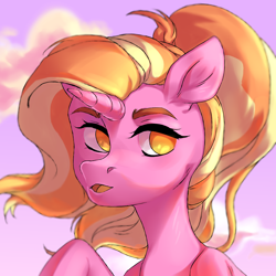 Size: 3000x3000 | Tagged: safe, artist:shininglovelystar, luster dawn, pony, unicorn, the last problem, bust, cloud, female, mare, no pupils, portrait, sky, solo, windswept mane