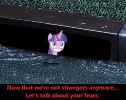 Size: 2048x1624 | Tagged: safe, edit, alicorn, pony, what lies beneath, creepy, creepy smile, dark, female, it, meme, pennywise, rain, smiling, solo, stephen king, stephen king's it, storm drain, text, tree of harmony, treelight sparkle