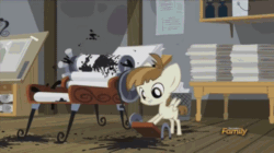 Size: 600x337 | Tagged: safe, edit, screencap, featherweight, pony, slice of life (episode), animated, discovery family, discovery family logo, fail, ink, printing press, solo