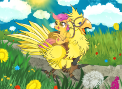 Size: 1018x743 | Tagged: safe, artist:dsana, scootaloo, pegasus, pony, chocobo, crossover, cute, cutealoo, female, filly, final fantasy