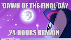 Size: 500x281 | Tagged: safe, edit, edited screencap, screencap, twilight sparkle, unicorn twilight, pony, unicorn, friendship is magic, caption, dawn of the final day, end of ponies, image macro, impact font, mare in the moon, moon, my little brony, text, the legend of zelda, the legend of zelda: majora's mask, watermark