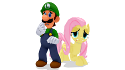 Size: 640x360 | Tagged: safe, artist:hugosanchez2000, fluttershy, human, pegasus, pony, 3d, barely pony related, crossover, luigi, luigishy, mmd, nintendo, scared, super mario bros., terrified