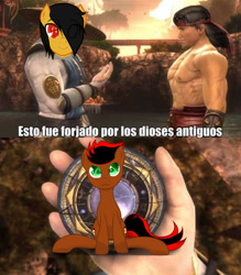 Size: 640x731 | Tagged: safe, artist:ianmata1998, artist:lokosfermincho, edit, oc, oc:rito, oc:spot light, earth pony, pegasus, pony, cute, joke, liu kang, love, male, meme, mortal kombat, raiden (mortal kombat), spanish