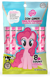 Size: 650x1000 | Tagged: safe, derpibooru import, pinkie pie, earth pony, pony, bag, cheese, cow candy, food, plastic, sitting, strawberry, string cheese