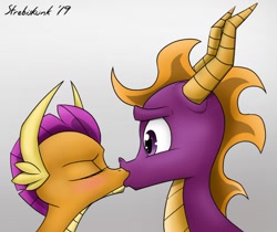 Size: 800x671 | Tagged: safe, artist:strebiskunk, smolder, dragon, blushing, crossover, crossover shipping, dragoness, duo, eyes closed, female, gray background, kissing, male, shipping, simple background, spyro the dragon, spyrolder, straight