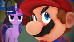 Size: 640x360 | Tagged: safe, artist:hugosanchez2000, twilight sparkle, twilight sparkle (alicorn), alicorn, human, pony, 3d, barely pony related, golden oaks library, looking up, mario, mmd, nintendo, ponyville, super mario bros.