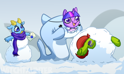 Size: 4000x2400 | Tagged: safe, artist:witchtaunter, twilight sparkle, oc, oc:cardslut, oc:santa pone, dragon, pony, shark, clothes, commission, faic, letter, mask, scarf, snow, snowball, snowman, winter