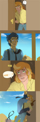 Size: 391x1198 | Tagged: safe, artist:kikuri-tan, braeburn, soarin', human, cute, gay, hug, humanized, male, shipping, soarburn, sweat