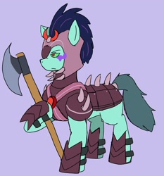 Size: 1907x2048 | Tagged: safe, artist:omegapony16, oc, oc:oriponi, earth pony, pony, alternate timeline, armor, axe, battle axe, crystal war timeline, female, helmet, hoof hold, mare, mind control, raised hoof, simple background, solo, sombra eyes, sombra soldier, weapon