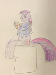 Size: 772x1034 | Tagged: safe, artist:snipiper, twilight sparkle, twilight sparkle (alicorn), alicorn, pony, book, but why, diarrhea, fart, female, fetish, poop, pooping, scat, solo, toilet, traditional art