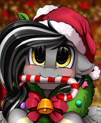 Size: 1446x1764 | Tagged: safe, artist:pridark, oc, oc:storm breaker, pegasus, pony, bell, blushing, candy, candy cane, christmas, commission, cute, food, hat, holiday, mouth hold, ocbetes, pridark's christmas ponies, santa hat, solo, wreath, ych result