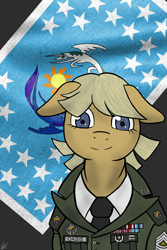 Size: 2000x3000 | Tagged: safe, artist:devorierdeos, oc, oc only, oc:oasis (shino), earth pony, pony, clothes, equestrian flag, female, floppy ears, looking at you, mare, military, smiling, solo, uniform