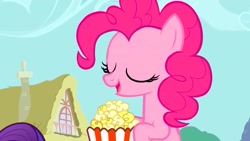 Size: 1280x720 | Tagged: safe, screencap, pinkie pie, earth pony, pony, unicorn, applebuck season, eyes closed, food, open mouth, ponyville, popcorn, solo