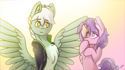 Size: 1920x1080 | Tagged: safe, artist:chebypattern, oc, oc only, oc:energytone, oc:lilac clime, pegasus, pony, unicorn, bright, clothes, couple, cute, gift art, jacket, lovely, simple background, smiling