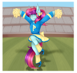 Size: 2560x2425 | Tagged: safe, artist:dazyre, oc, oc only, oc:taffy swirl, anthro, earth pony, unguligrade anthro, bow, cheering, cheerleader, clothes, cute, football field, miniskirt, pleated skirt, pom pom, ponytail, shirt, shoes, skirt, skirt lift, socks, solo