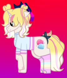 Size: 1016x1184 | Tagged: safe, artist:lightningbolt39, oc, oc only, oc:soda frosting, pony, unicorn, bow, clothes, cowboy hat, female, freckles, gradient background, hat, mare, rainbow socks, raised hoof, shirt, socks, solo, striped socks, tail bow