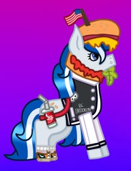 Size: 928x1208 | Tagged: safe, artist:lightningbolt39, oc, oc only, oc:balmoral, pony, unicorn, :o, american flag, bag, burger, clothes, clothes swap, converse, flag, food, gradient background, hat, jersey, ketchup, lettuce, mustard, open mouth, sauce, scotland, shoes, socks, soda, solo, tomato