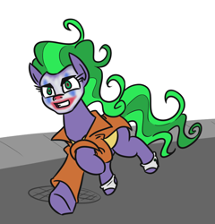 Size: 740x772 | Tagged: safe, artist:jargon scott, mane-iac, earth pony, pony, clothes, female, mare, prison outfit, running, solo, spats, the joker