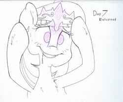 Size: 1379x1134 | Tagged: safe, artist:fluffyxai, twilight sparkle, pony, accessory, chest fluff, crown, drool, forced smile, hypnovember2019, inktober, inktober 2019, jewelry, magic, mind control, regalia, smiling, solo, swirly eyes, traditional art