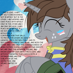 Size: 1200x1200 | Tagged: safe, artist:aaronmk, edit, oc, oc only, oc:littlepip, pony, unicorn, fallout equestria, bust, clothes, cute, eyes closed, fanfic, fanfic art, female, frog (hoof), heart, hegel, hooves, horn, mare, open mouth, pipbuck, pride, pride flag, solo, text, transgender pride flag, underhoof, vault suit