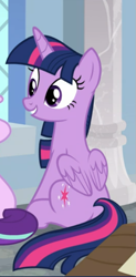 Size: 345x703 | Tagged: safe, screencap, twilight sparkle, twilight sparkle (alicorn), alicorn, pony, a horse shoe-in, cropped, cute, looking at someone, offscreen character, sitting, smiling, solo, twiabetes