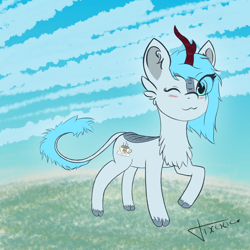 Size: 1200x1200 | Tagged: safe, artist:vixenin, oc, oc:frost flare, kirin, blushing, cloven hooves, cute, cutie mark, fluffy, food, grass, kirin oc, one eye closed, simple background, sky, tea, wink