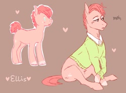 Size: 1024x755 | Tagged: safe, artist:trashscoot, oc, oc only, oc:ellis, earth pony, pony, beauty mark, blank flank, blushing, brown background, heart, lidded eyes, male, simple background, sitting, solo, stallion, sweater vest