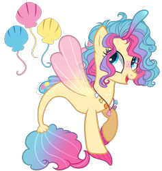 Size: 2750x2900 | Tagged: safe, artist:gihhbloonde, oc, oc only, oc:princess aqua pink, hybrid, seapony (g4), blushing, female, fin wings, freckles, icey-verse, interspecies offspring, jewelry, magical lesbian spawn, mare, necklace, next generation, offspring, parent:pinkie pie, parent:princess skystar, parents:skypie, raised hoof, seashell, seashell necklace, simple background, solo, transparent background