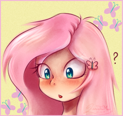 Size: 1147x1080 | Tagged: safe, artist:trappefnff, fluttershy, equestria girls, bust, cutie mark, cutie mark background, question mark, solo