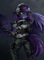 Size: 2550x3509 | Tagged: safe, artist:pridark, oc, oc only, anthro, anthro oc, clothes, commission, female, grin, gun, looking back, mare, smiling, weapon