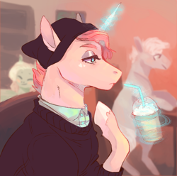 Size: 724x719 | Tagged: safe, artist:trashscoot, oc, oc only, oc:ellis, pony, unicorn, beanie, beauty mark, cafe, clothes, drink, eyeshadow, frown, glowing horn, hat, heart, horn, lidded eyes, magic, makeup, raised hoof, shirt, solo, straw, sweater, telekinesis