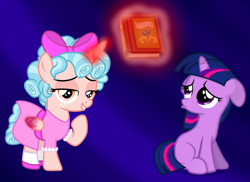 Size: 1100x800 | Tagged: artist needed, safe, editor:katya, cozy glow, twilight sparkle, unicorn twilight, alicorn, pony, unicorn, the ending of the end, alicornified, blank flank, book, clothes, cozycorn, dress, female, filly, filly twilight sparkle, floppy ears, pouting, race swap, vector, younger