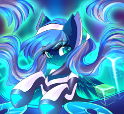 Size: 2000x1840 | Tagged: safe, artist:airiniblock, oc, oc only, oc:vivid tone, pegasus, pony, clothes, commission, disc jockey, dj sona, female, futuristic, looking at you, mare, rcf community, smiling, solo, turntable