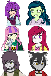 Size: 1112x1668 | Tagged: safe, artist:fantasygerard2000, oc, oc only, oc:belladonna nightshade, oc:carmine thread, oc:emerald glitter, oc:magus eveningstar, oc:pyrite tigereye, oc:topaz emberlite, human, equestria girls, blushing, female, glasses, grin, male, simple background, smiling, white background