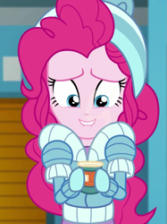 Size: 809x1080 | Tagged: safe, screencap, pinkie pie, better together, equestria girls, holidays unwrapped, chocolate, clothes, cropped, cup, cute, diapinkes, female, food, hot chocolate, jacket, lip bite, mittens, self-storage facility, smiling, solo, winter break-in, winter hat, winter jacket