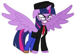 Size: 811x590 | Tagged: safe, artist:logan jones, editor:logan jones, twilight sparkle, twilight sparkle (alicorn), alicorn, pony, angry, beard, clothes, cosplay, costume, facial hair, glasses, gritted teeth, hat, jacket, jeans, moustache, necktie, nostalgia critic, pants, shoes, shrunken pupils, simple background, transparent background