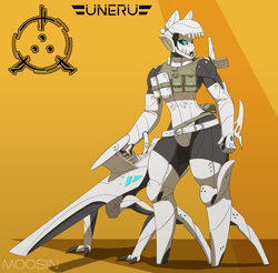 Size: 2950x2900 | Tagged: safe, artist:mopyr, oc, oc only, anthro, cyborg, original species, robot, armor, biomechanoid, clothes, design, genderless, gloves, gun, long gloves, muscles, science fiction, simple background, solo, tactical vest, weapon