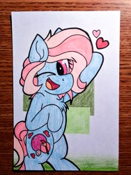 Size: 1920x2560 | Tagged: safe, artist:thebadbadger, oc, oc only, oc:bubblegum, pony, cute, one eye closed, solo, traditional art, wink